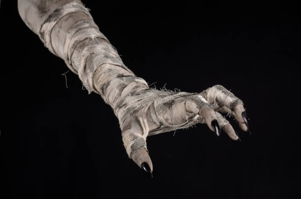 istock Halloween theme: terrible old mummy hands on a black background 928497860