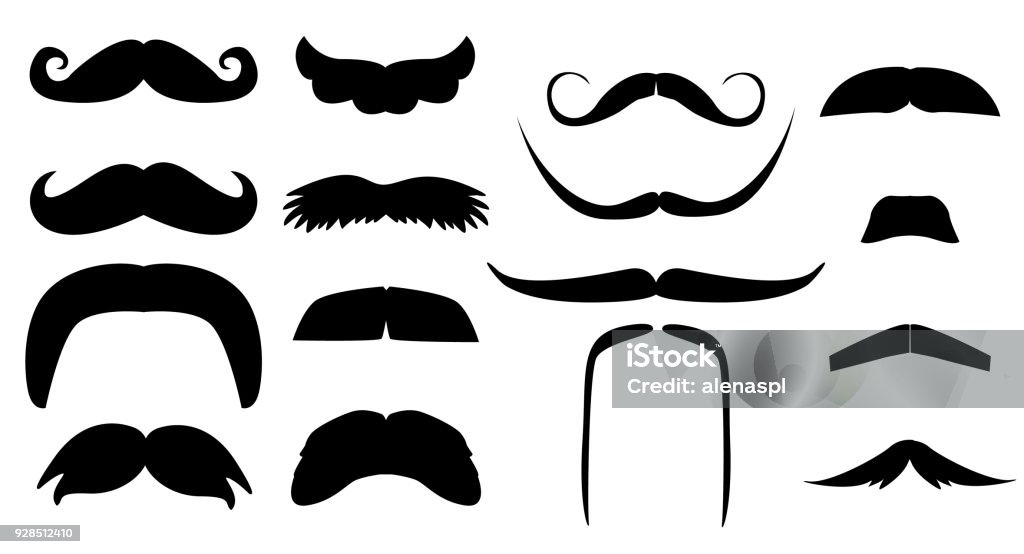 Vector vintage set of variants fake mustache. Photo props booth for little man party ( dad day, birthday, baby boy shower) Black silhouette isolated on white background. Illustration for laser cutting Adult stock vector