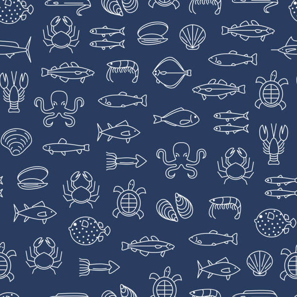 sea food dünne linie musterdesign hintergrund. vektor - fish seafood lobster salmon stock-grafiken, -clipart, -cartoons und -symbole