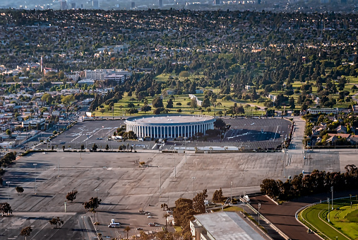 Aerial view of the Great Western Forum in Inglewood, Los Angeles, California and surrounding neighborhood.
