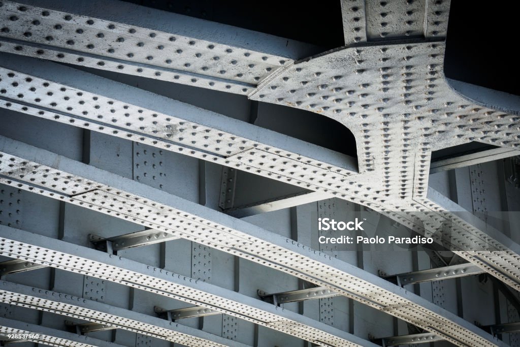 Steel beams on a railway bridge with steel plates and riveted connections. Steel beams on a railway bridge with steel plates and riveted connections. Landscape format. Bridge - Built Structure Stock Photo