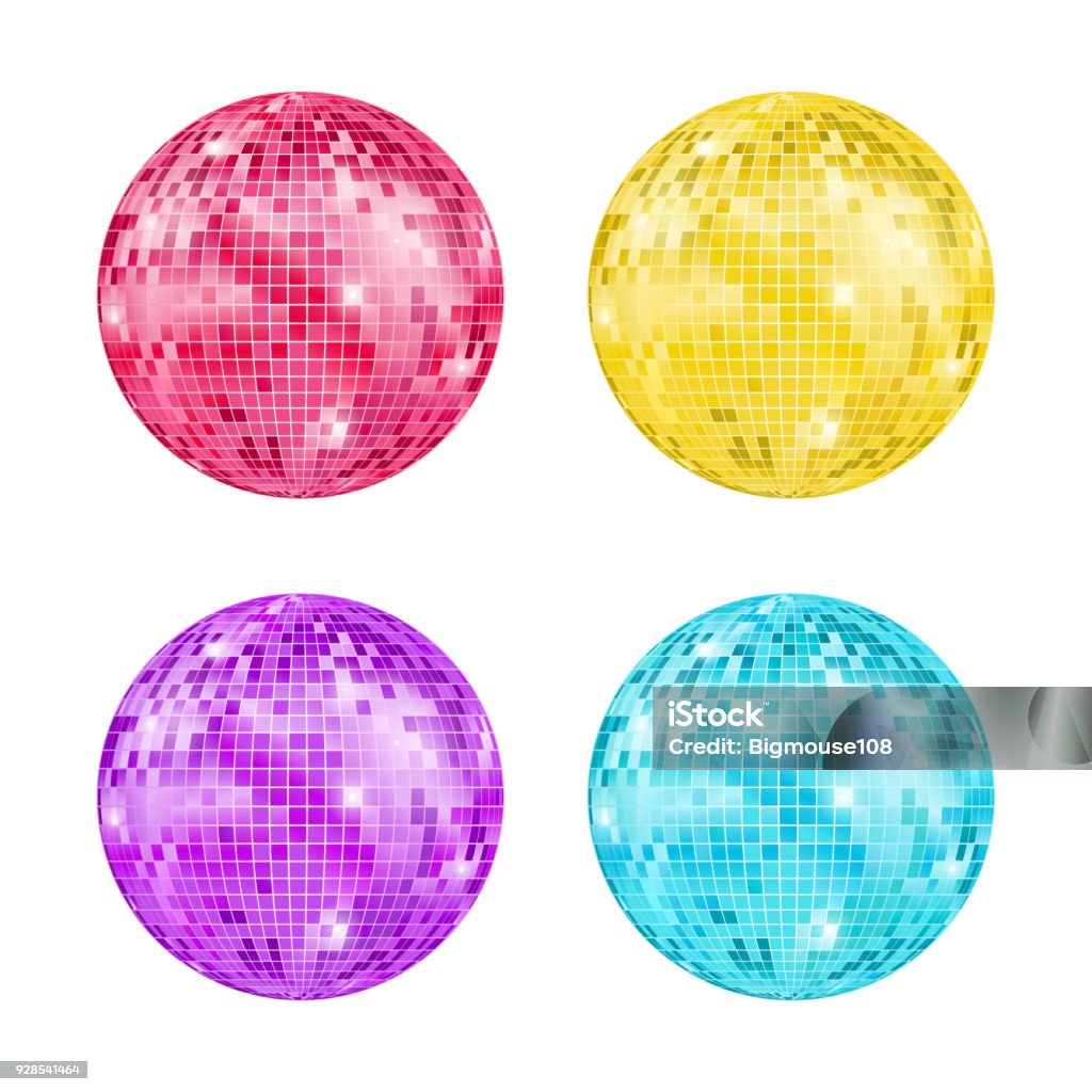 Realistic Detailed Disco Ball Set. Vector Realistic Detailed Disco Ball Night Club or Party Set Light Element Mirrorball for Decorating. Vector illustration of Discoball Disco Ball stock vector