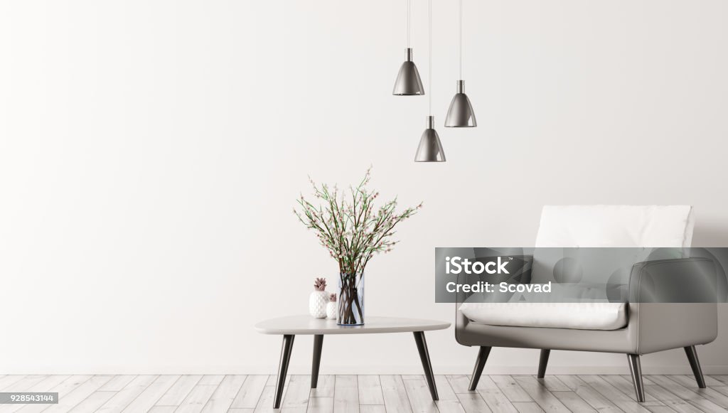Interior with armchair and coffee table 3d rendering Interior of living room with triangular coffee table, lamps and white grey armchair 3d rendering Living Room Stock Photo