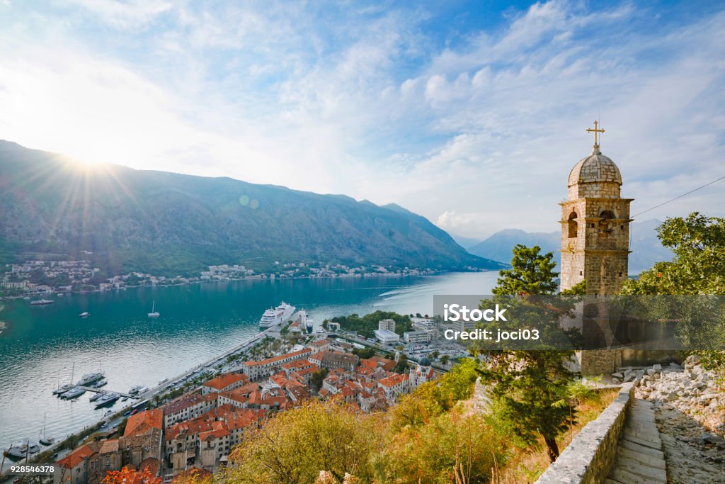 Kotor Bay,Montenegro A divine view of Boka Bay and harbor from the hill Montenegro Stock Photo