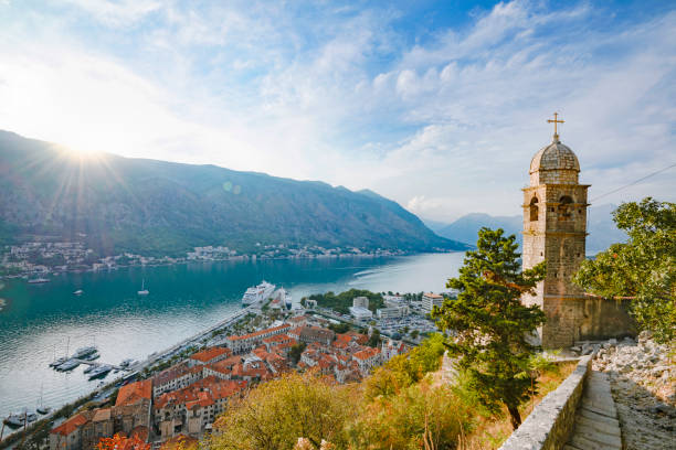 Kotor Bay,Montenegro A divine view of Boka Bay and harbor from the hill montenegro stock pictures, royalty-free photos & images