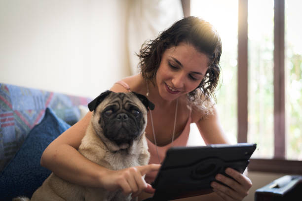 istock Young girl using her tablet with her dog 928563098