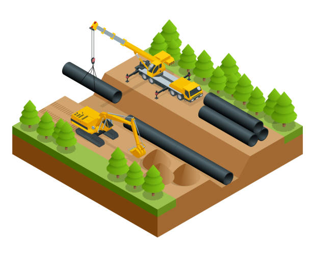 Isometric Vector illustration of the construction process. Construction work on the pipe laying of the pipeline into the trench using a crane and bulldozer isolated on white. Isometric Vector illustration of the construction process. Construction work on the pipe laying of the pipeline into the trench using a crane and bulldozer isolated on white. Manufacturing Equipment ditch stock illustrations