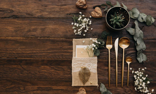 istock Wedding concept. Rustic table set over wooden background. Boho style, top view, flat lay 928569404