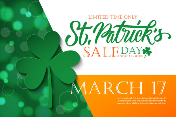 ilustrações de stock, clip art, desenhos animados e ícones de st. patrick's day sale banner. irish national holiday special offer background with hand lettering and four leaf clover for holiday shopping. - irish culture st patricks day backgrounds clover