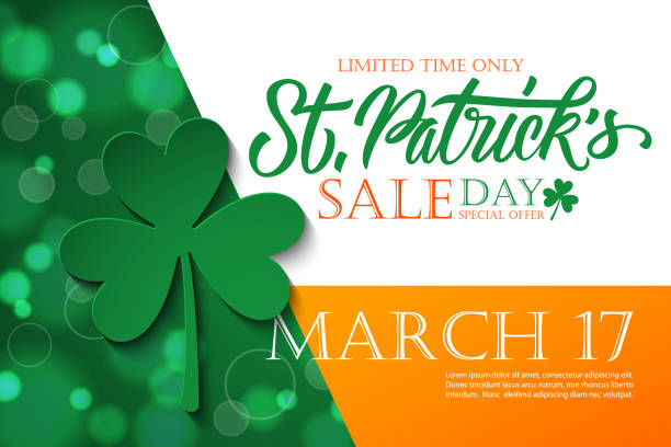 St. Patrick's Day Sale banner. Irish national holiday special offer background with hand lettering and four leaf clover for holiday shopping. St. Patrick's Day Sale banner. Irish national holiday special offer background with hand lettering and four leaf clover for holiday shopping. Vector illustration. st. patricks day stock illustrations