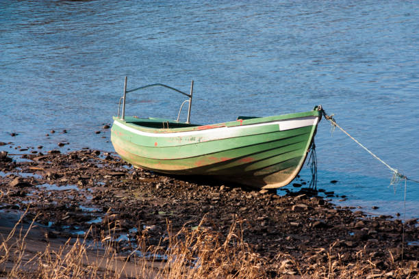 istock Green rowing boat tied up on a river bank 928576528