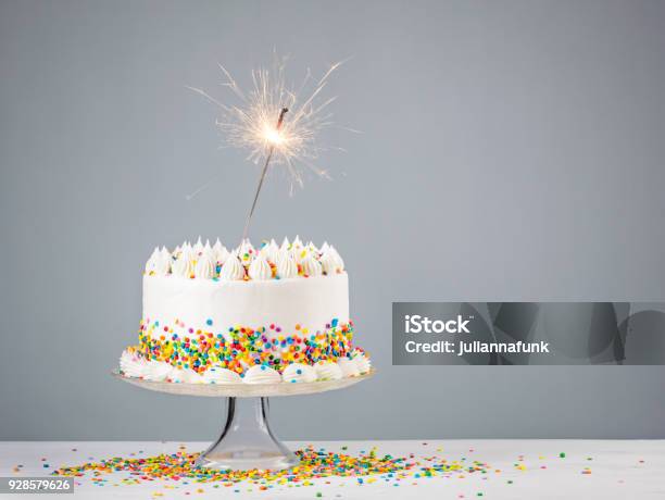 Birthday Cake With Sprinkles Stock Photo - Download Image Now - Birthday, Cake, Sparkler - Firework