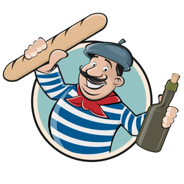 illustrazioni stock, clip art, cartoni animati e icone di tendenza di clipart divertente di un francese con baguette e vino - beret