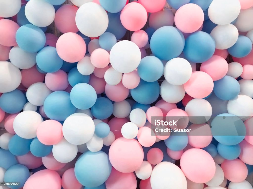 Many colorful balloons decorated wall as background Balloon Stock Photo