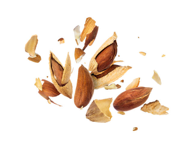 Almonds is torn to pieces isolated on white background Almonds is torn to pieces isolated on white background almond slivers stock pictures, royalty-free photos & images