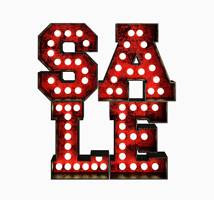 Sale Sign Made Of Red Rusty Light Bulb Frames. Discount Concept. 3d Rendering Illustration isolated on white background.