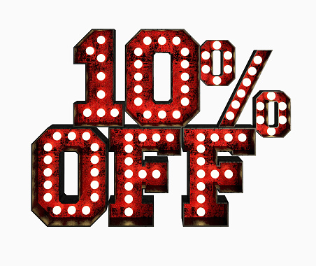 10% Price Off Made Of Red Rusty Light Bulb Signs. 3d Rendering Illustration isolated on white background.