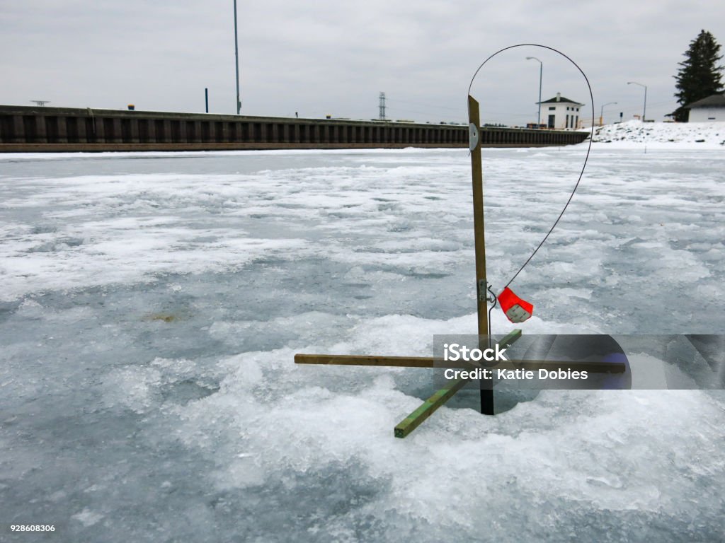 Ice Fishing Wooden Tip Up Equipment In Ice Mohawk River Stock Photo -  Download Image Now - iStock