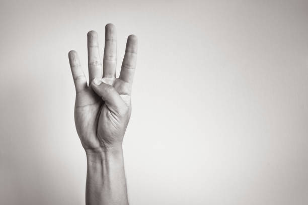 4 つの手の指を示す - four in hand ストックフォトと画像
