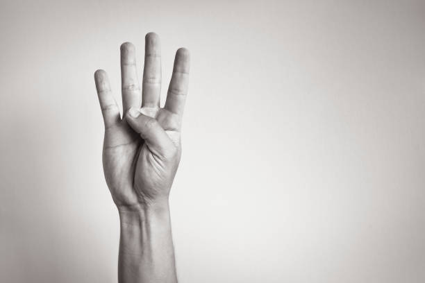 hand showing four fingers - american sign language imagens e fotografias de stock