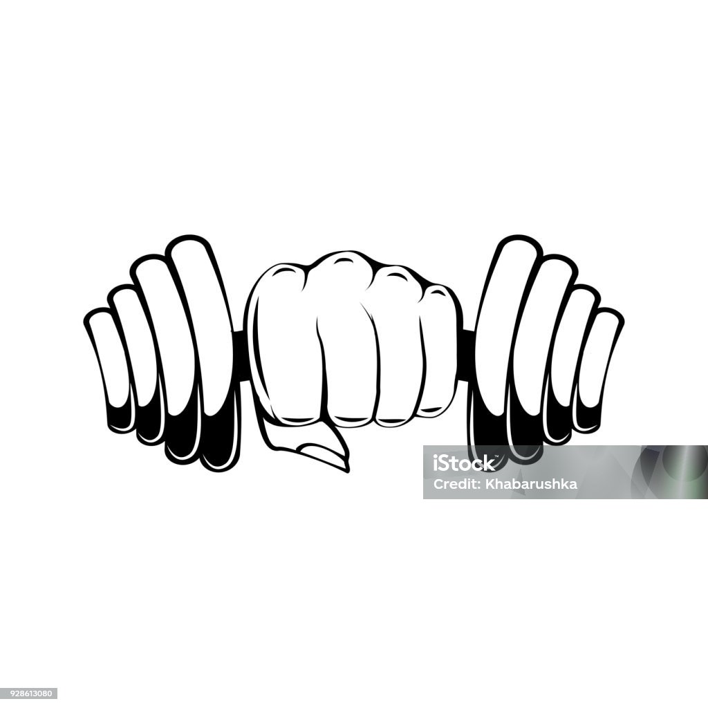 Hand with dumbbell. Dumbbell in fist. Vector illustration Hand with dumbbell. Dumbbell in fist. Gym, fitness, sport label. Train hard, lettering Vector illustration Anaerobic Exercise stock vector