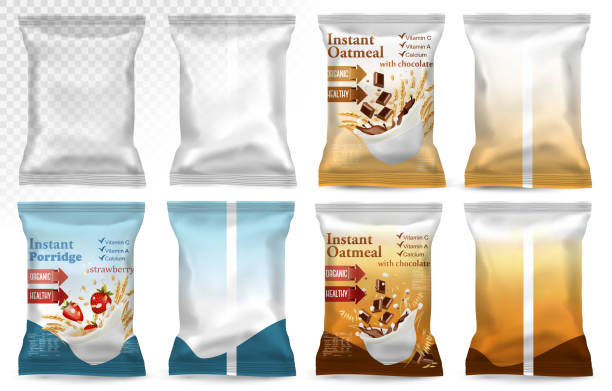 Polypropylene plastic packaging - instant porridge advert concept. Polypropylene plastic packaging - instant porridge advert concept. Desing template. Vector illustration oat wheat oatmeal cereal plant stock illustrations