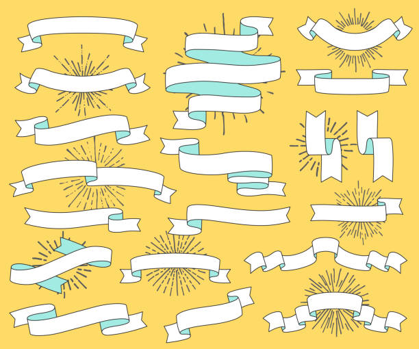 kuvapankkikuvitukset aiheesta joukko vanhoja vintage-nauhan bannereita ja piirtäminen kaiverrustyyliin. ivitaatiosuunnitteluelementti auringonpurkauksella. vektorikuva - kirjakäärö
