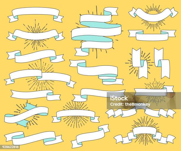 Set Of Old Vintage Ribbon Banners And Drawing In Engraving Style Ivitation Design Element With Sunburst Vector Illustration Stock Illustration - Download Image Now