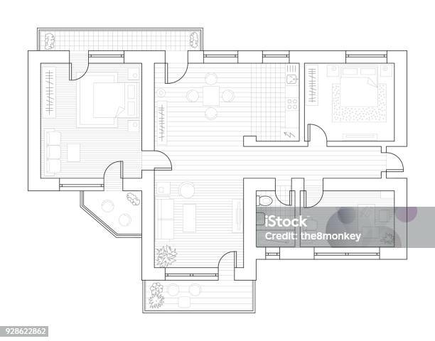 Vetores de Plano De Arquitetura Com Mobília Em Vista Superior Livro De Colorir e mais imagens de Plano - Documento