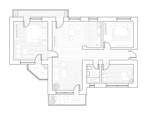 Architecture plan with furniture in top view. Coloring book.