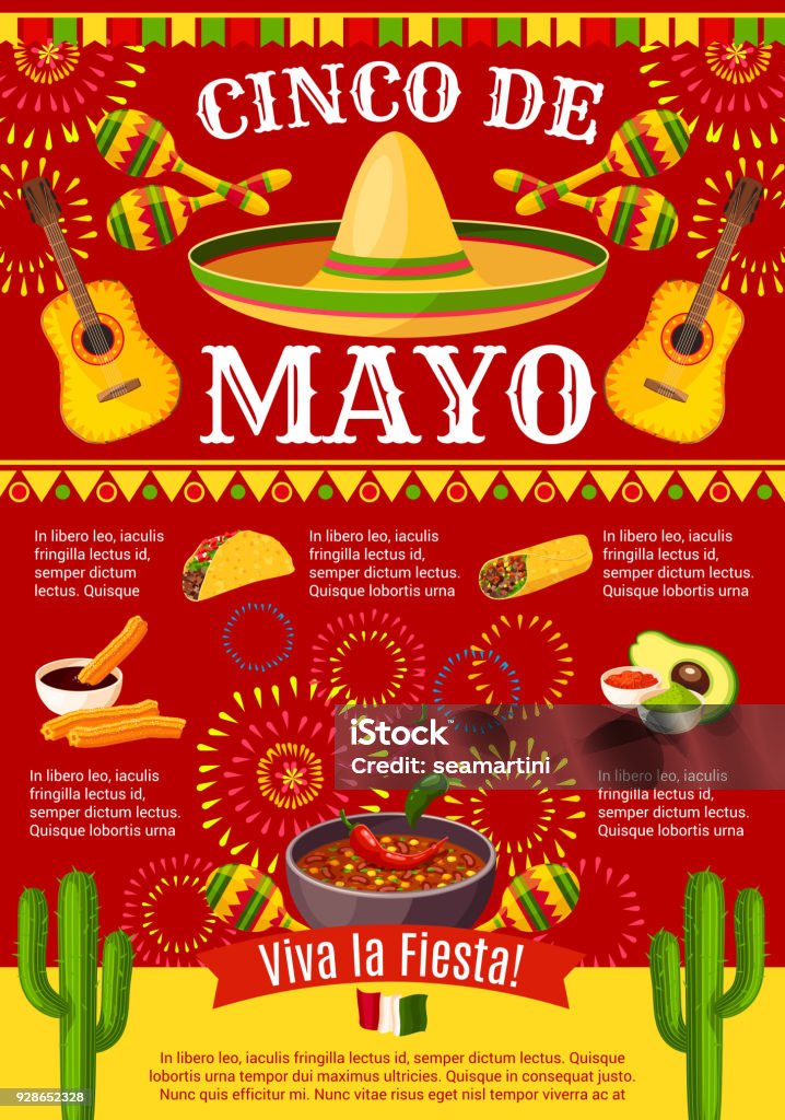 Mexican Cinco de Mayo vector holiday party poster Cinco de Mayo Mexican greeting card poster for Mexico holiday celebration. Vector design of Mexican traditional food burrito or taco and avocado, cactus and tequila with sombrero for party fiesta Backgrounds stock vector