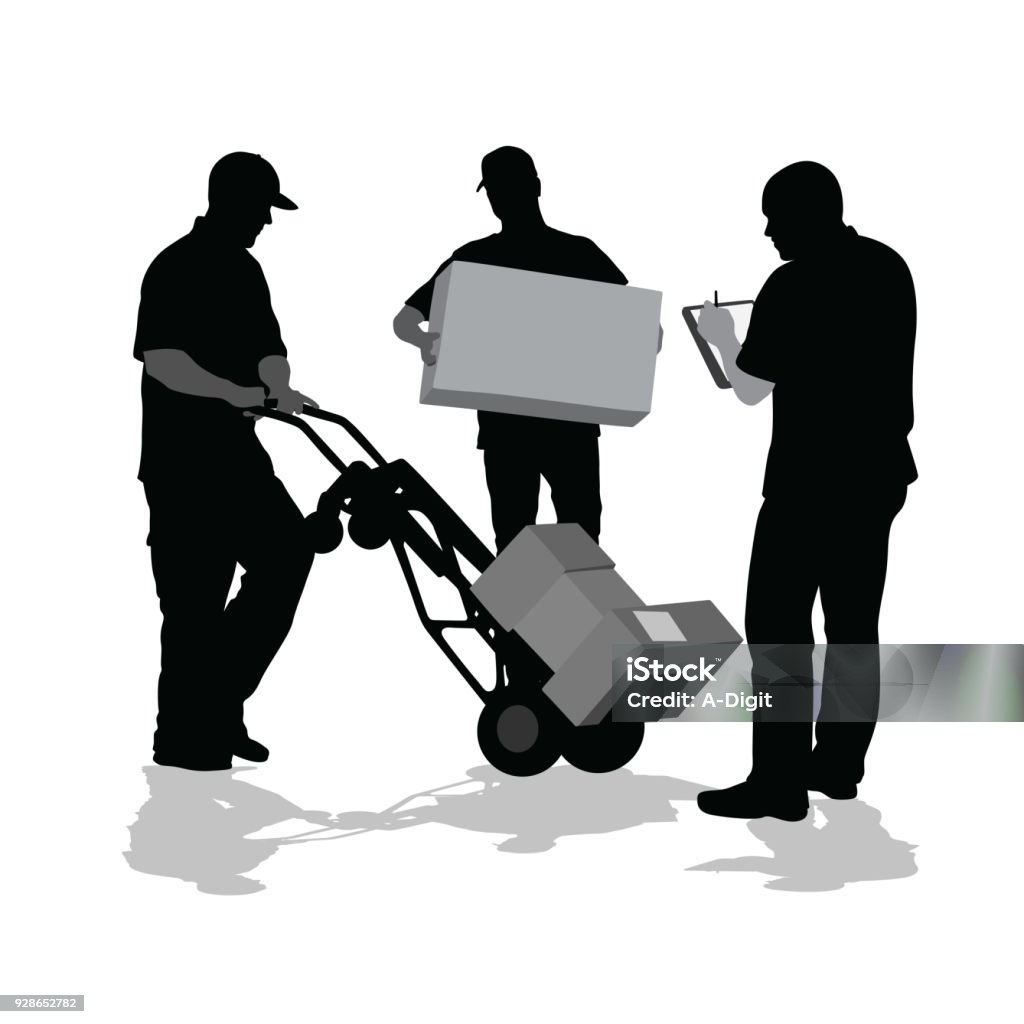 Signature Delivery Suppliers arriving with a shipment and getting paperwork done In Silhouette stock vector