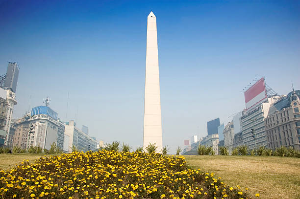 Photo of the Buenos Aires Obelisk shot from the ground stock photo