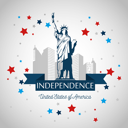 Statue of liberty and city silhouettes with stars, ribbon and independence sign over white background. Vector illustration.
