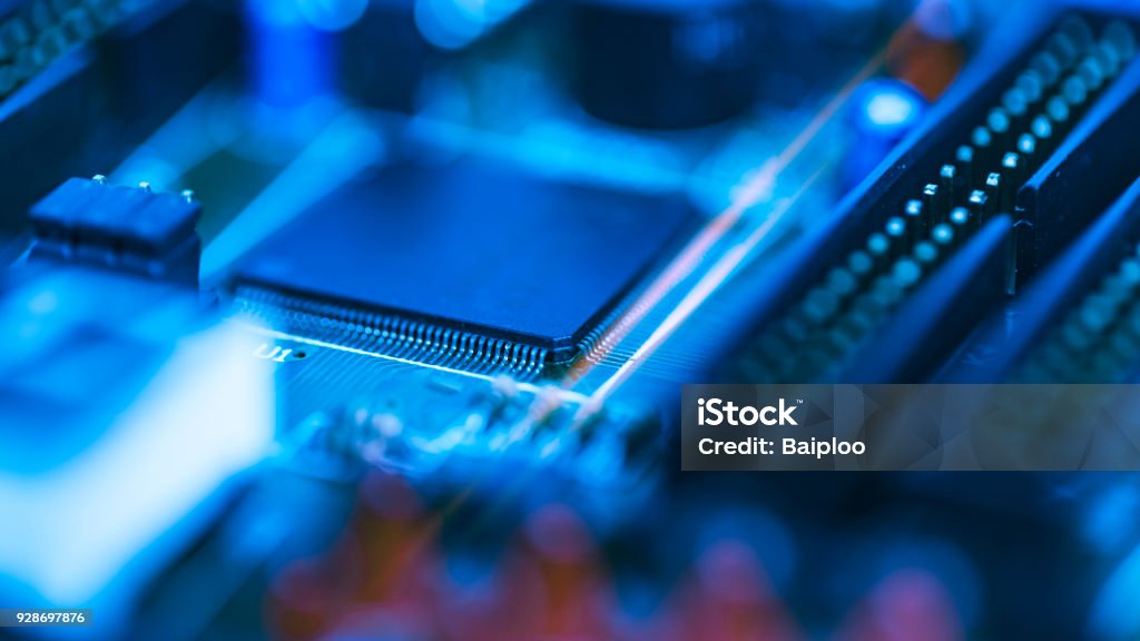 Abstract background of selective focused of electronic part on the electronic circuit board, Education and industrial concept use. Semiconductor Stock Photo