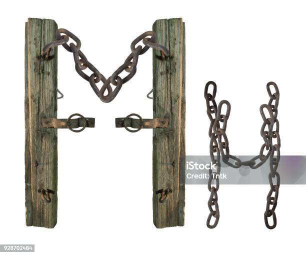 Letter M Made Up Of Old Wooden Beams And Rusty Chain A Graphic Element Isolated On White Background Stock Photo - Download Image Now