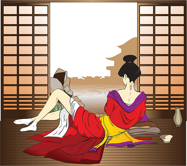 ilustraciones, imágenes clip art, dibujos animados e iconos de stock de el haber un descanso geisha - chica kimono del anime