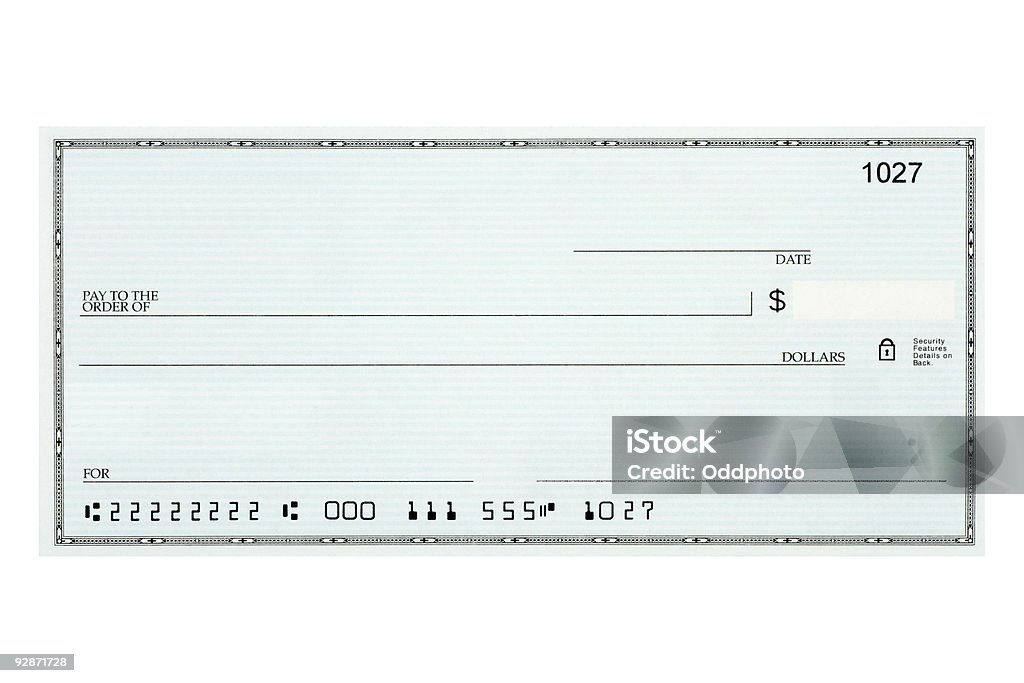 Close-up of blank bank check sample against white background Blank Check Check - Financial Item Stock Photo