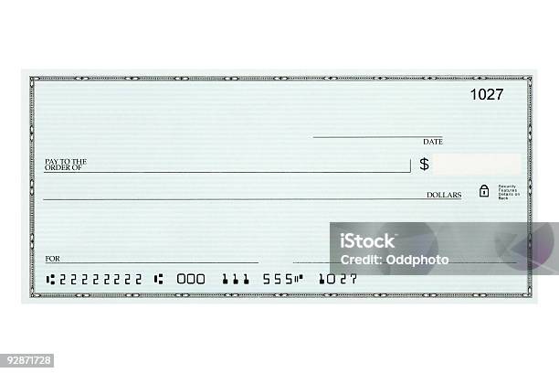 Closeup Of Blank Bank Check Sample Against White Background Stock Photo - Download Image Now