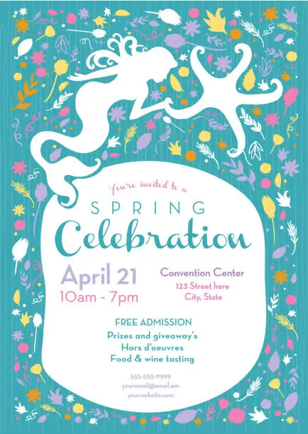 Vector illustration of Spring celebration invitation design template with mermaid and starfish