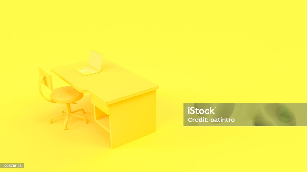 Laptop en mesa y silla amarillo color pastel con espacio de copia - Foto de stock de Tridimensional libre de derechos