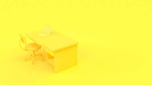 istock Laptop on table and chair yellow pastel color with copy space 928718128