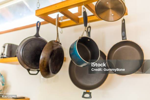 Saucepan And Other Kitchenware Hanging Stock Photo - Download Image Now - Breakfast, Clean, Close-up