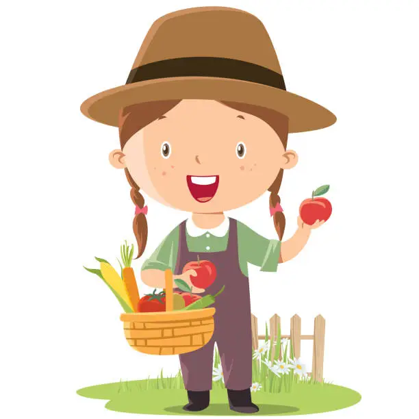 Vector illustration of little girl farmer
