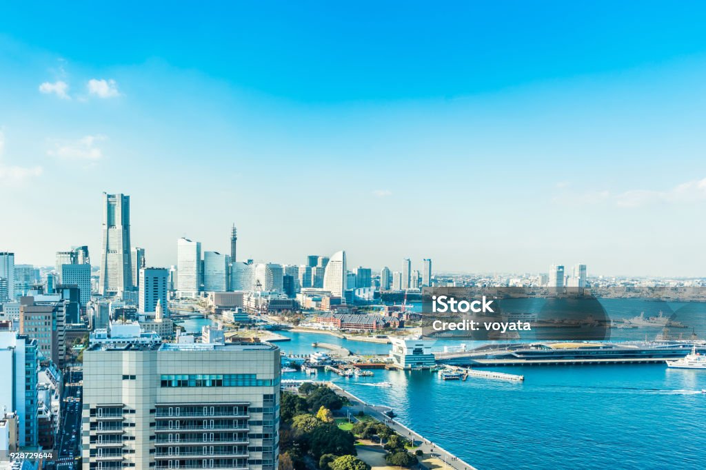 panoramic modern city skyline aerial view under blue sky in Yokohama, Japan Yokohama Stock Photo