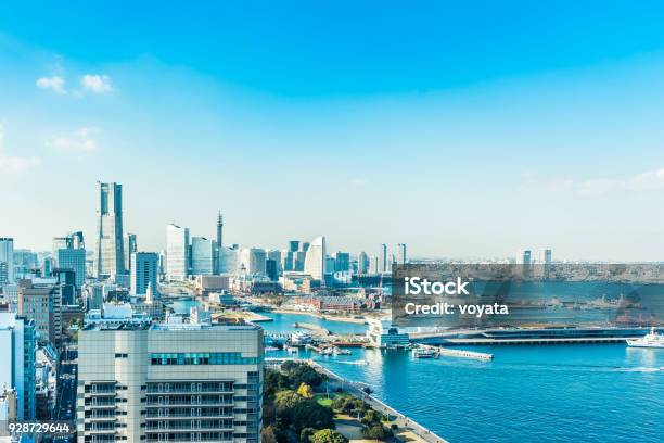 Panoramic Modern City Skyline Aerial View Under Blue Sky In Yokohama Japan Stock Photo - Download Image Now