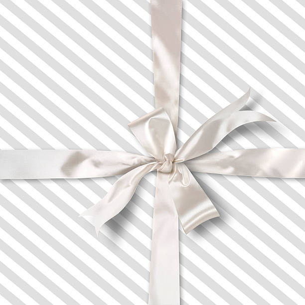 istock Grey striped gift and white satin ribbon 92872998