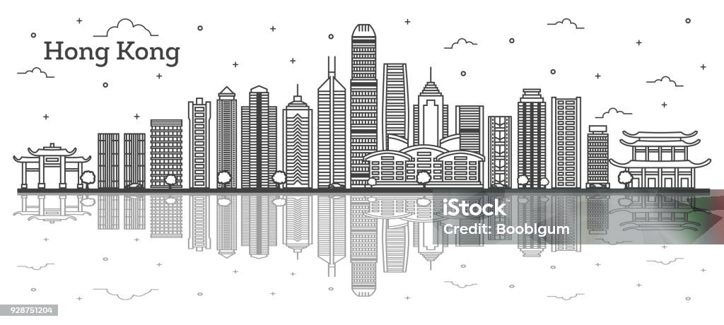 Outline Hong Kong China City Skyline with Modern Buildings and Reflections Isolated on White. Outline Hong Kong China City Skyline with Modern Buildings and Reflections Isolated on White. Vector Illustration. Hong Kong Cityscape with Landmarks. Hong Kong stock vector