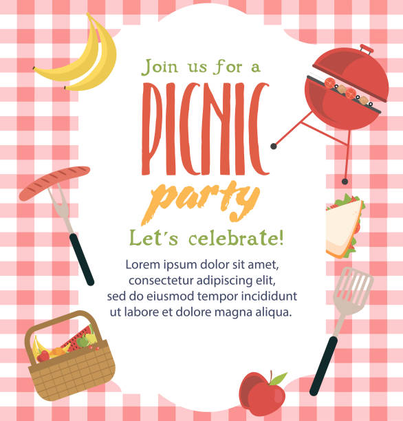 ilustrações de stock, clip art, desenhos animados e ícones de picnic or barbecue party invitation card - picnic