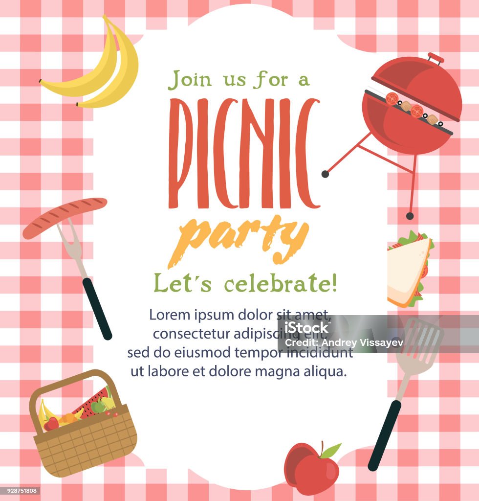 Picnic or barbecue party invitation card Picnic or barbecue party invitation card. Vector illustration Picnic stock vector